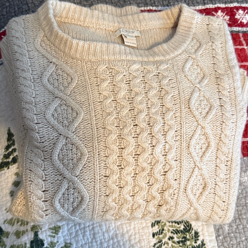 J. Crew Factory Cable Knit Beige Crewneck Wool Blend Sweater L